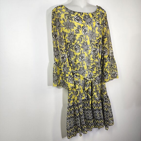 Prelude Women A line Dress 12 Belted Tie Waist Floral Yellow Bell Sleeve Chiffon - Picture 4 of 11